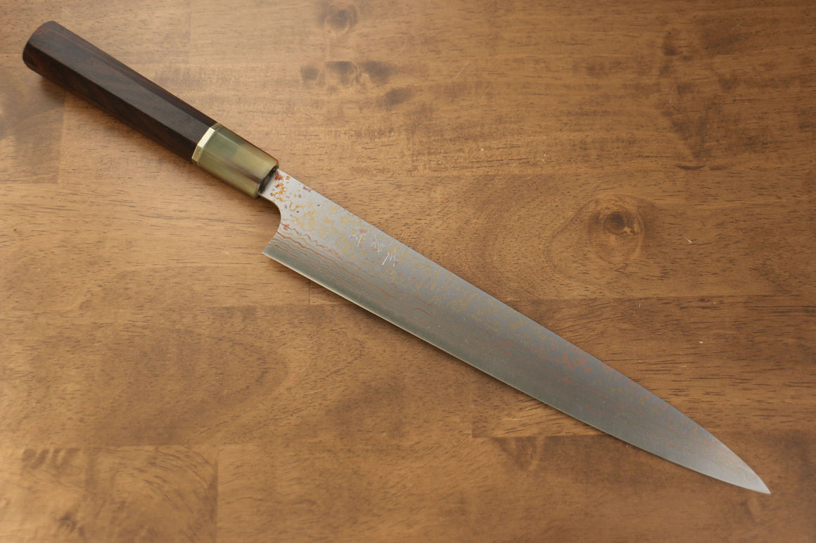 Takeshi Saji VG10 Colored Damascus Sujihiki Japanese Knife 270mm Ebony with Ring Handle - Seisuke Knife Kappabashi