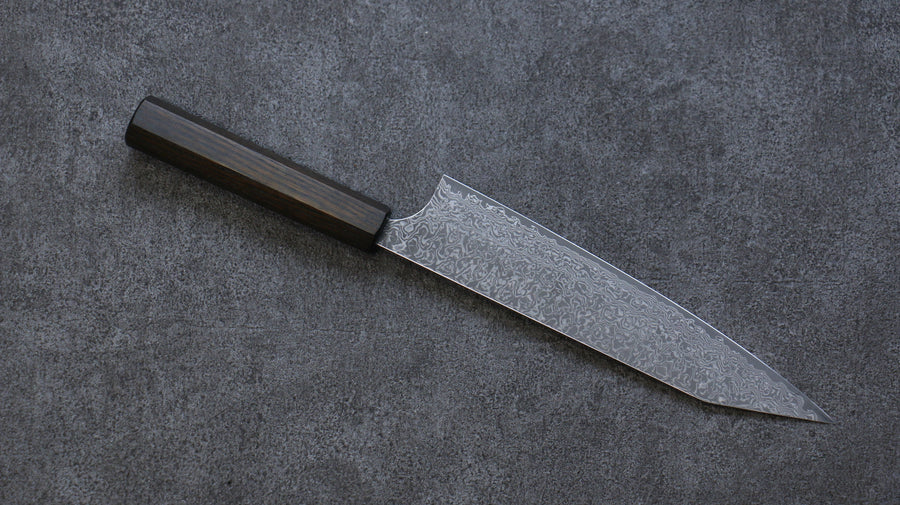Yoshimi Kato VG10 Damascus Kiritsuke Gyuto Japanese Knife 210mm Enju Lacquered(Black） Handle - Seisuke Knife Kappabashi