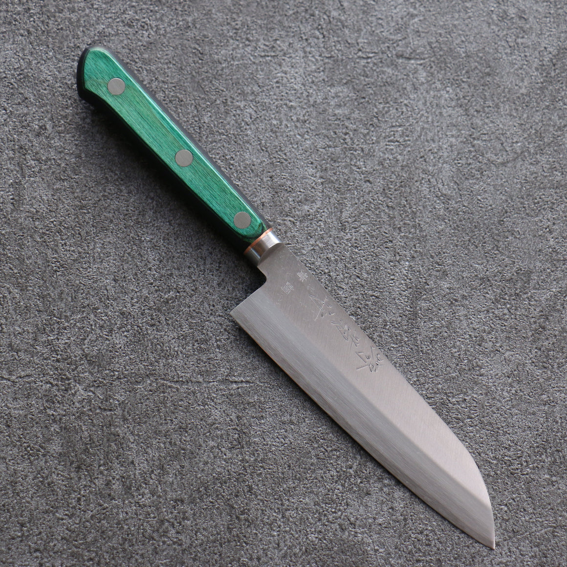 Sakai Kikumori Blue Steel No.1 Small Santoku Japanese Knife 140mm Green Pakka wood Handle - Seisuke Knife Kappabashi